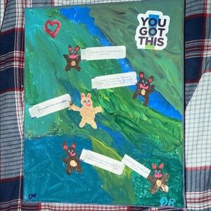 Handmade Motivational Mixed-Media Canvas — Green & Blue with Bear Accents
